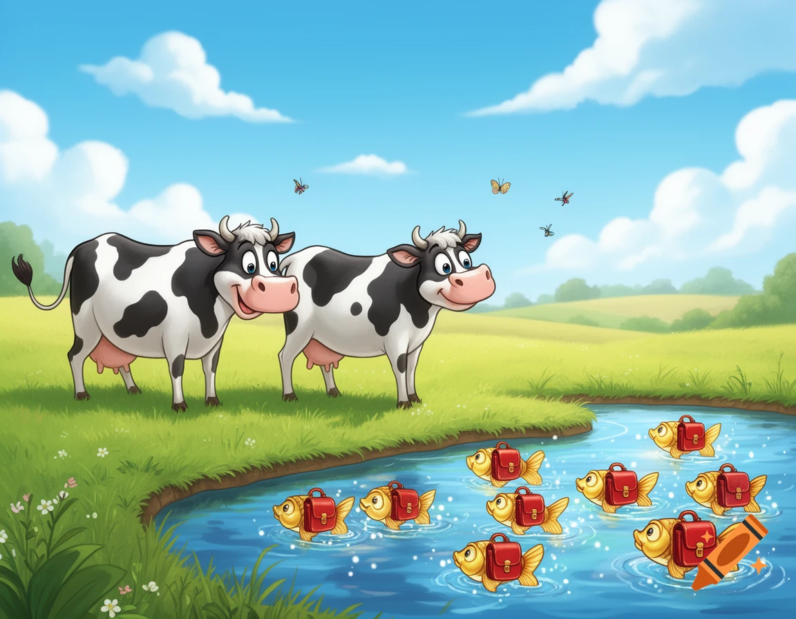 Cartoon image of two cows in a green field by a pond with golden fish wearing red school bags.