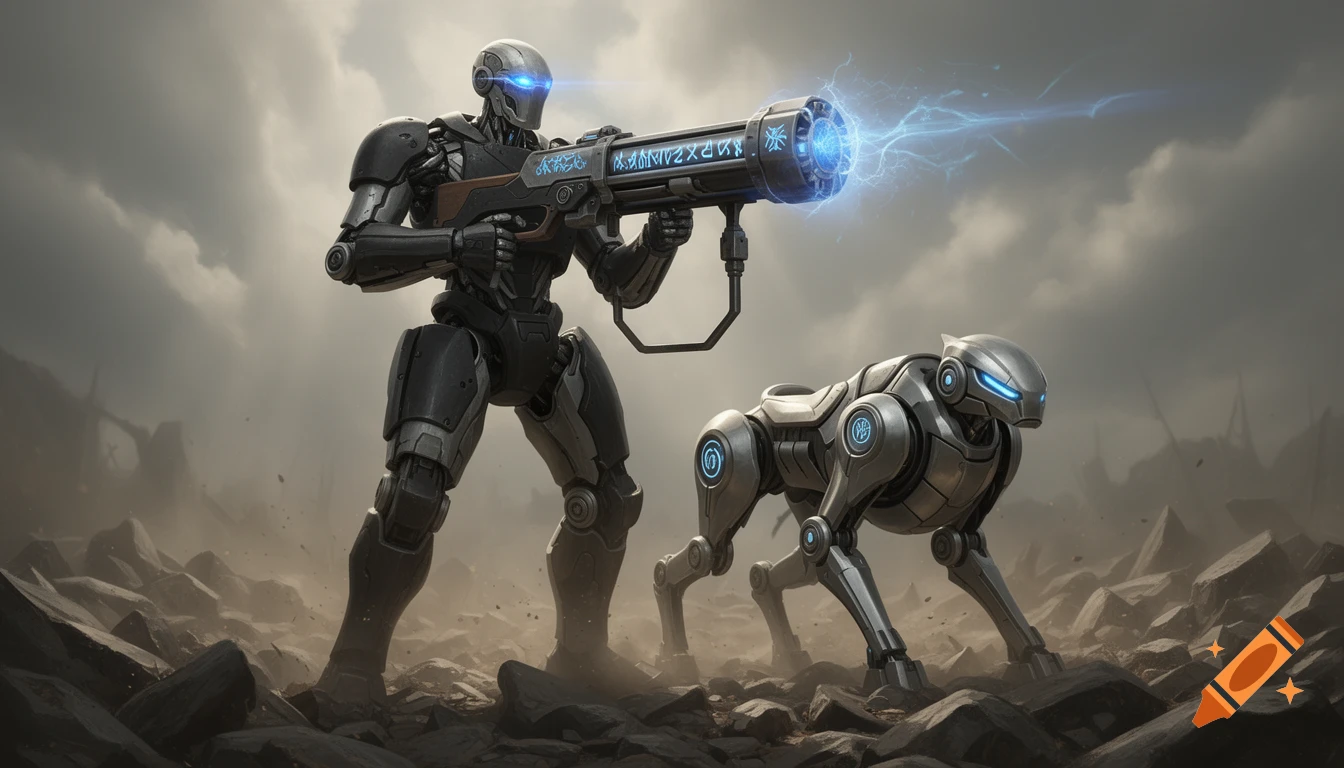 A heavily armored Warforged robot with glowing blue eyes holds a large glowing energy rifle next to a sleek robot dog on a rocky battlefield.
