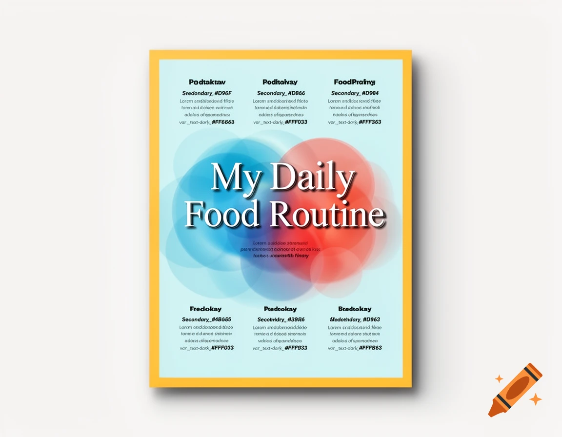 A poster titled 'My Daily Food Routine' with white text on blue and red abstract shapes. It has a light yellow border and displays placeholder text in various sections.