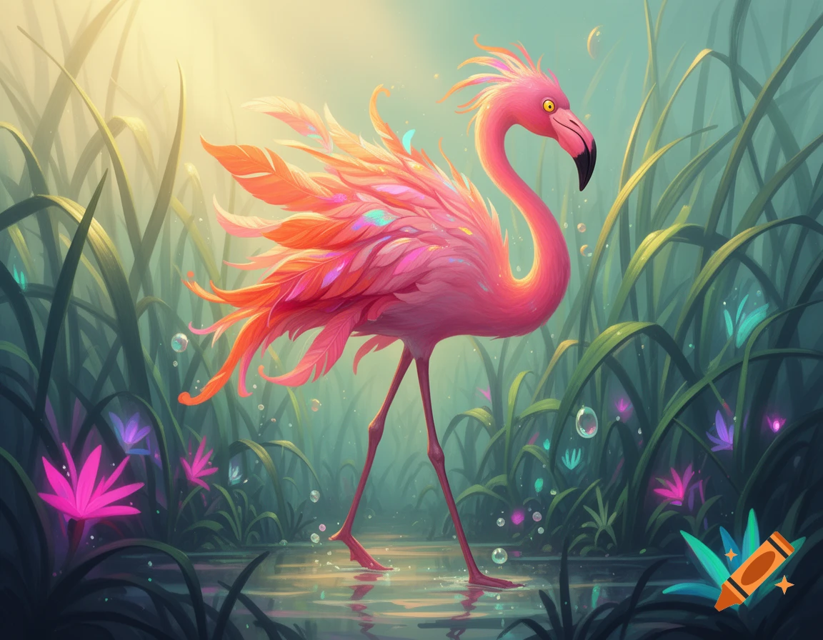 A vibrant, illustrative pink flamingo walks through a shallow marsh with tall green reeds and glowing magical plants.