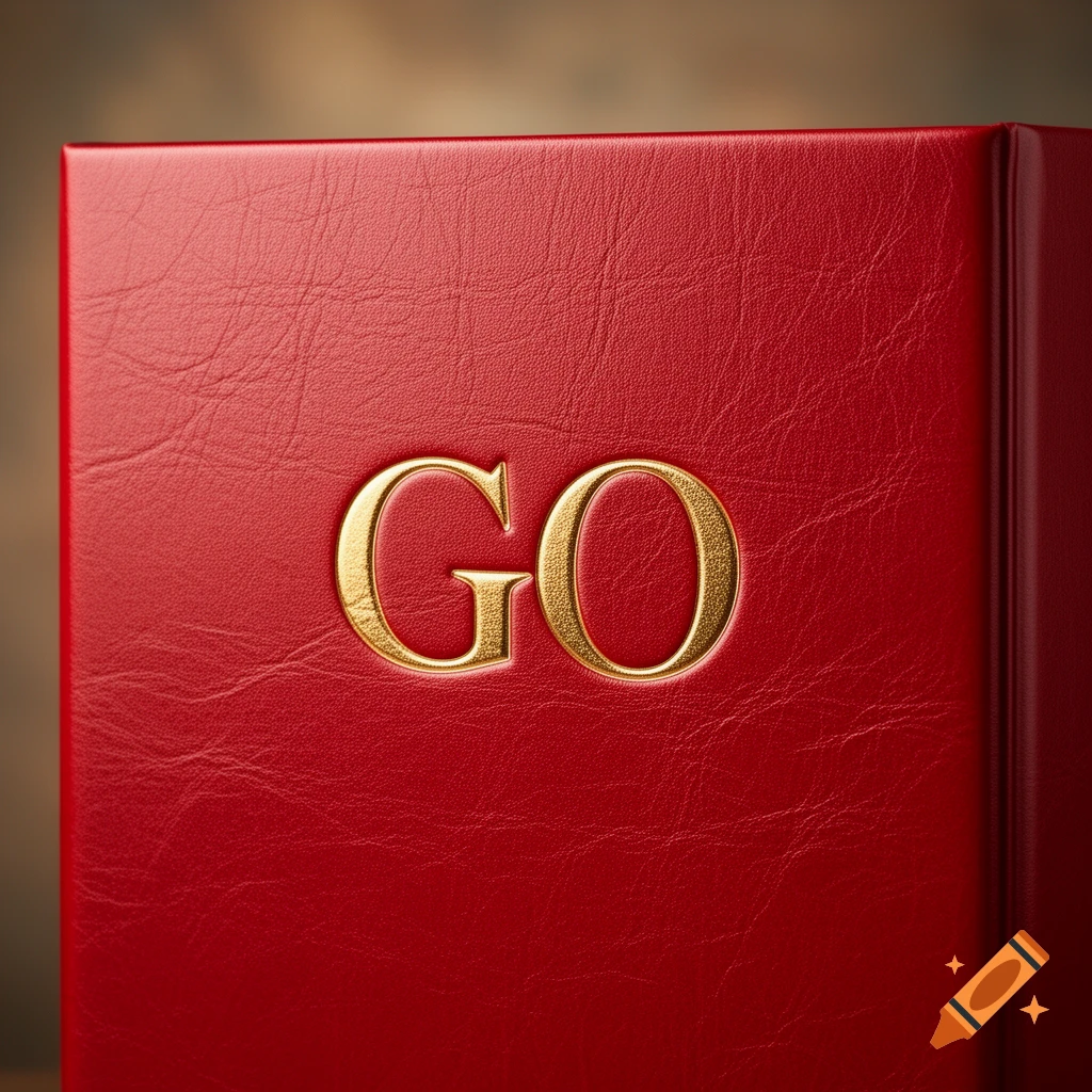 Close-up of a red leather binder with 'GO' in gold embossed letters, photorealistic.