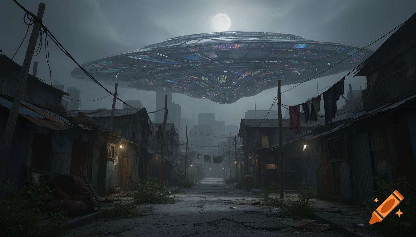 A massive, colorful alien spaceship hovers low over a dark, dilapidated slum street at night, with a full moon behind it.