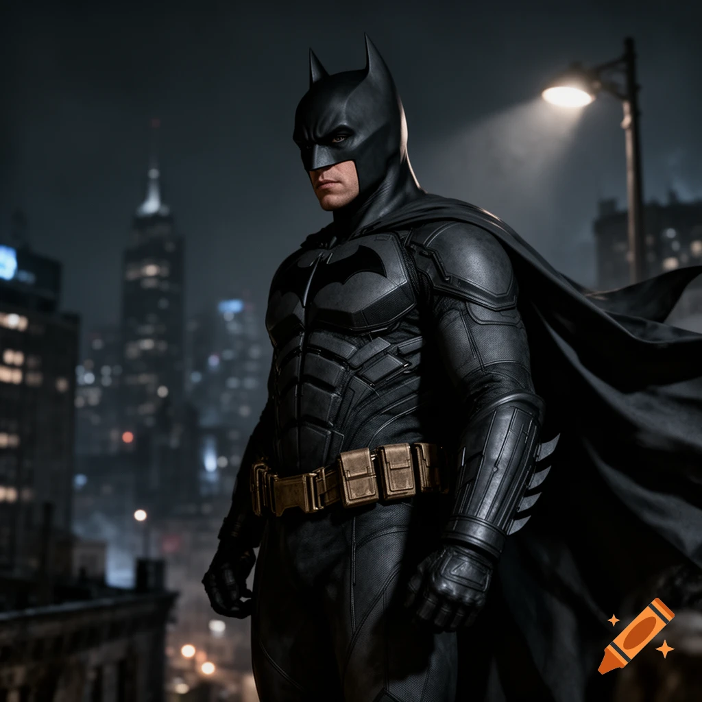 Photorealistic image of Batman in his armored suit, standing on a rooftop at night with a city skyline behind him.