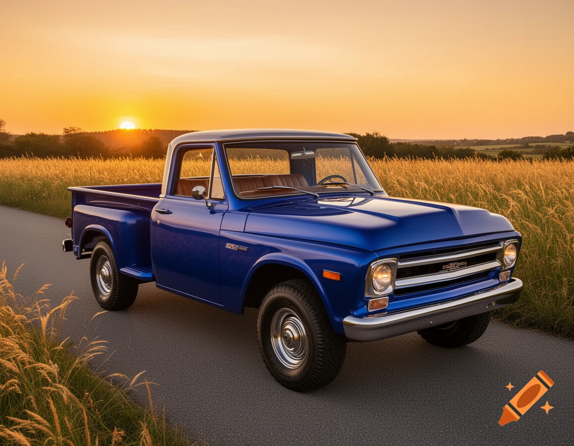 A beautiful blue vintage pickup truck parked on a country road amidst a golden field at sunset, with warm light.