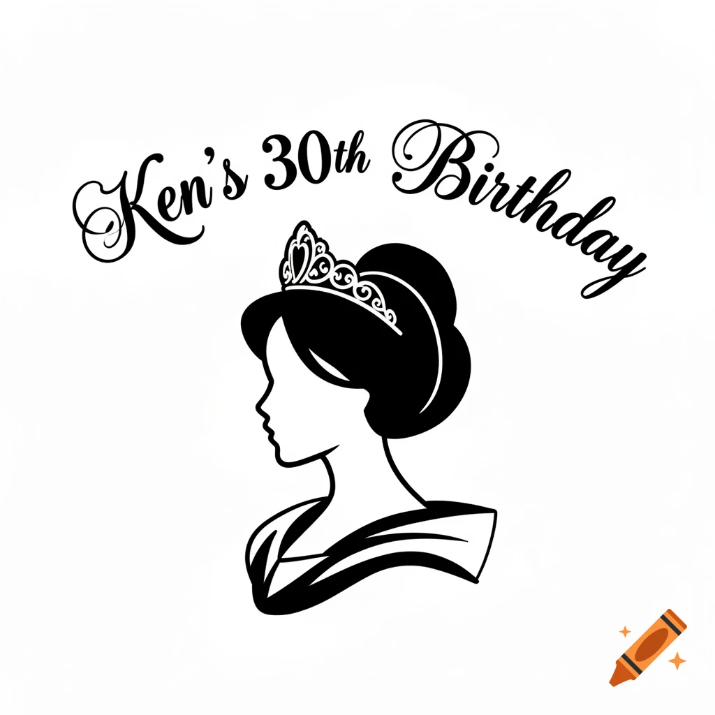 Black and white clip art profile of a woman wearing a crown, with text "Ken's 30th Birthday" curved above.