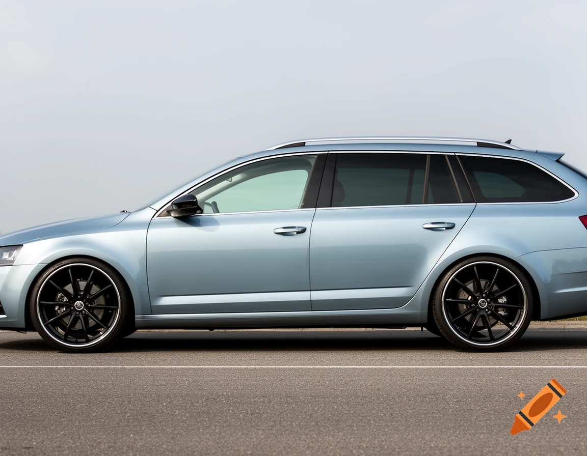 Side profile of a light metallic blue Skoda Octavia 3 Combi station wagon, lowered, on black rims, parked on asphalt.