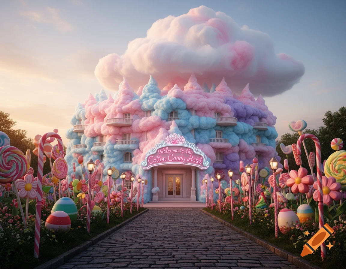 A whimsical, pastel-colored Cotton Candy Hotel with a large pink cloud on top, surrounded by giant lollipops and candy canes leading to its entrance.