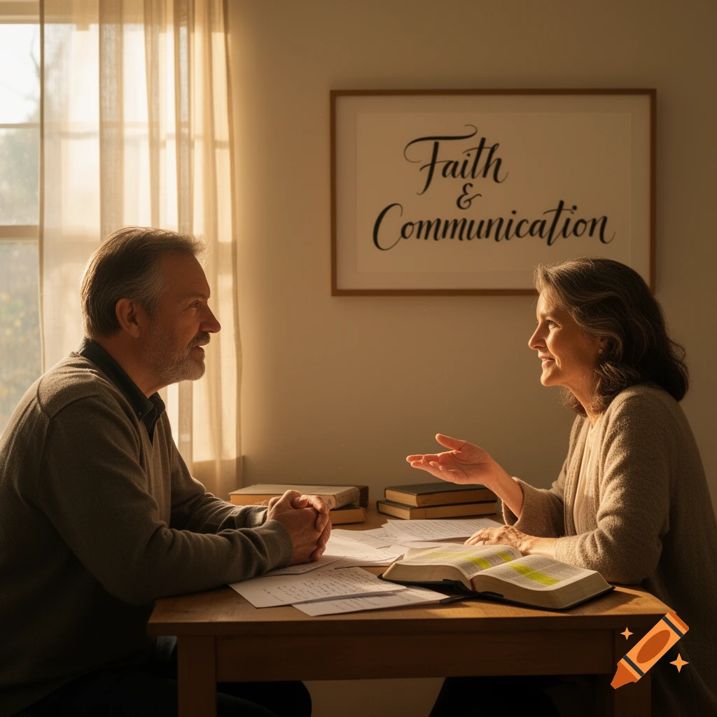 A man and a woman sit at a table, conversing over an open book under a sign reading 'Faith & Communication' in a sunlit room.