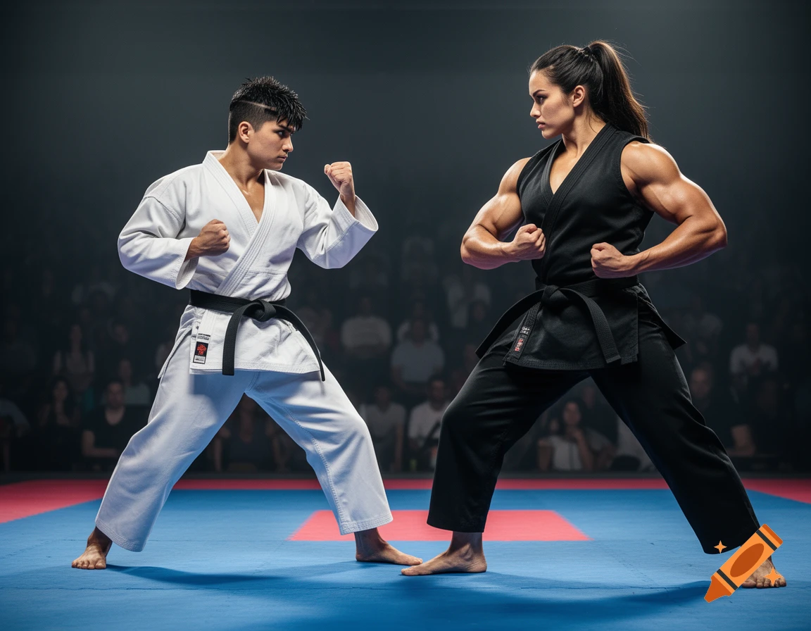 Two muscular martial artists, a man in a white gi and a woman in a black gi, stand in fighting stances on a blue and red mat.
