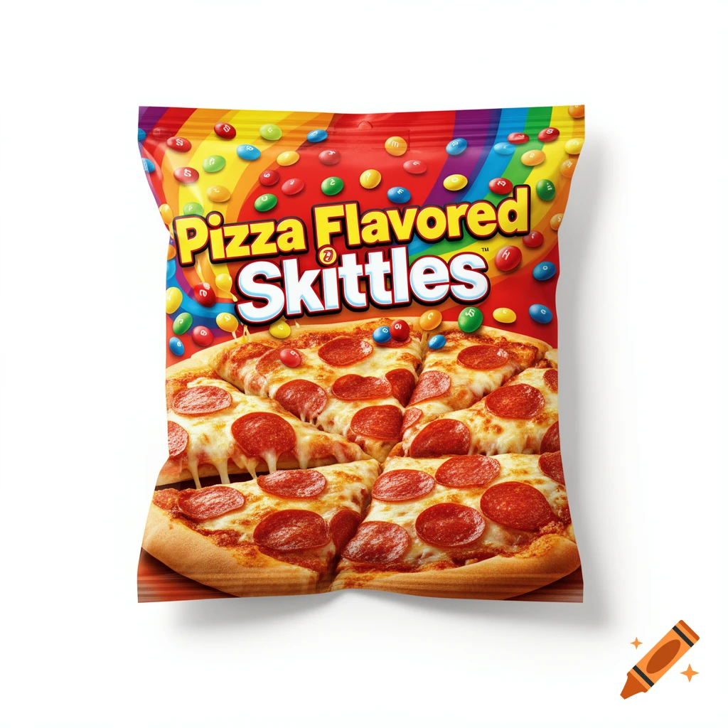 A vibrant bag of 'Pizza Flavored Skittles' featuring a pepperoni pizza and colorful candies, on a white background.