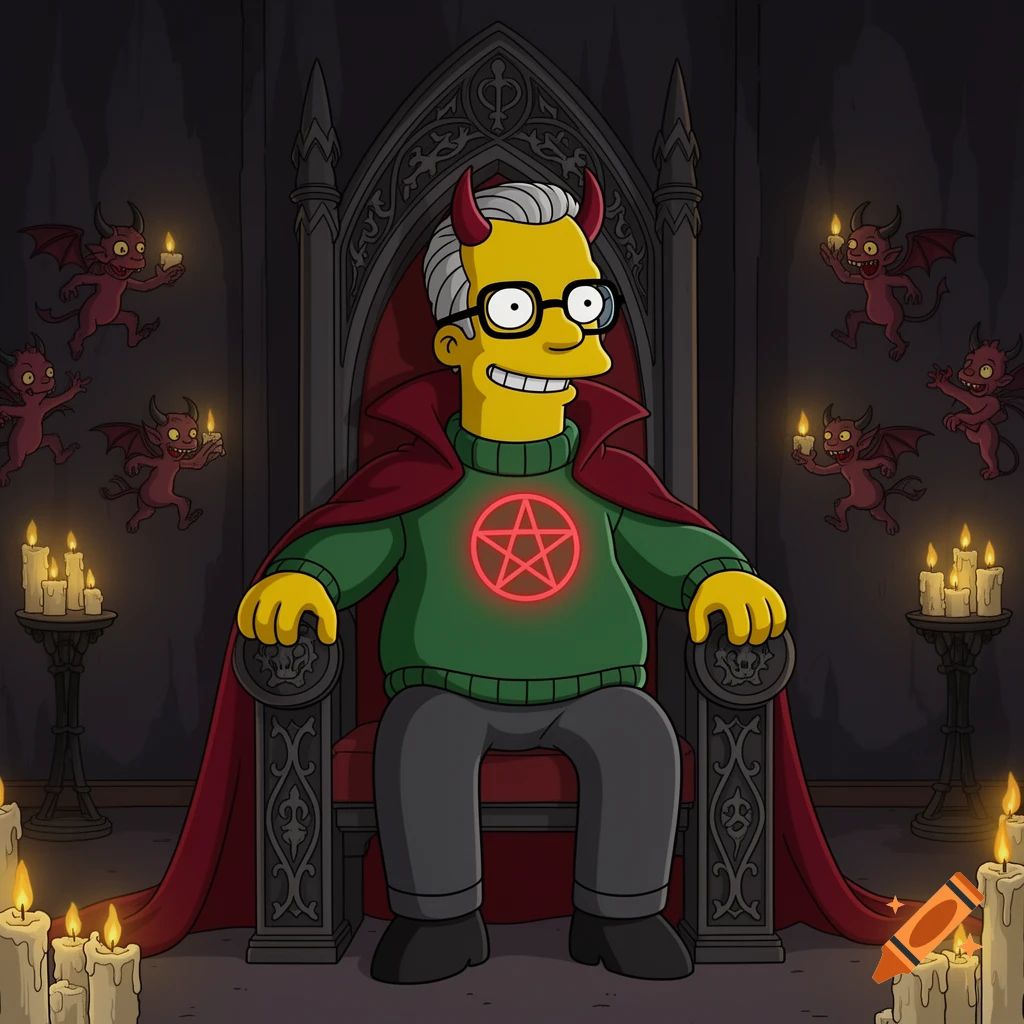 Cartoon Ned Flanders as a Satanist sits on a gothic throne, wearing a cape, horns, and a glowing pentagram sweater, with imp-like devils.