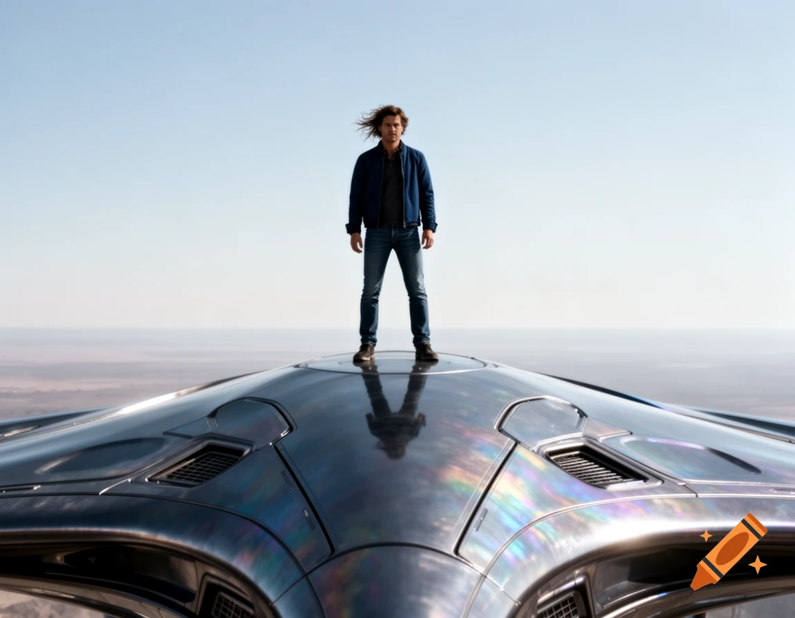 A man with long hair stands on a reflective, futuristic alien vehicle under a clear sky, overlooking a vast landscape.