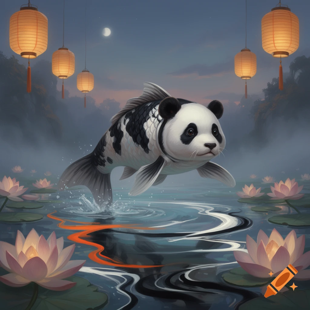 A panda-headed koi fish leaps from dark water amidst pink lotus flowers, under glowing lanterns and a crescent moon.