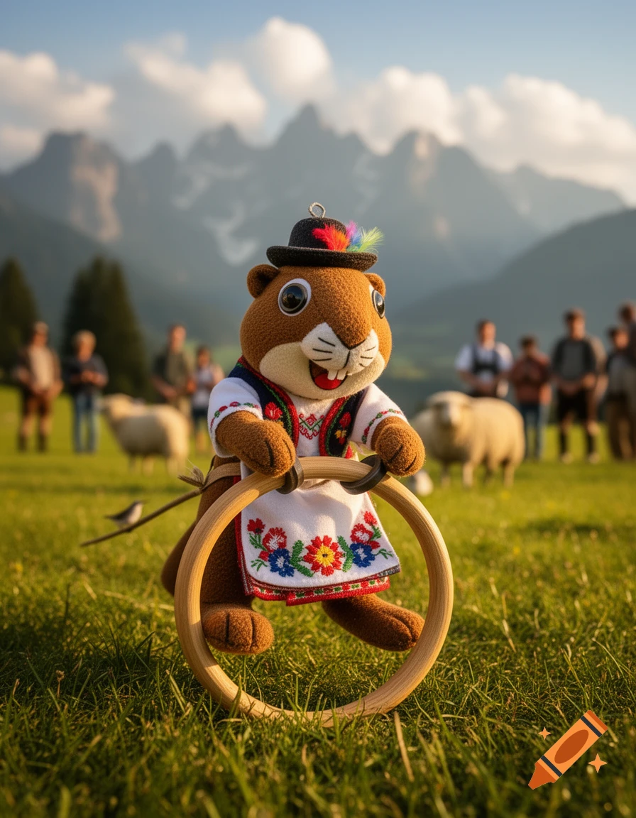 A cute plush marmot in a traditional Alpine outfit, wearing a feathered hat and embroidered apron, holds a wooden hoop in a grassy mountain meadow with blurred people and sheep in the background.