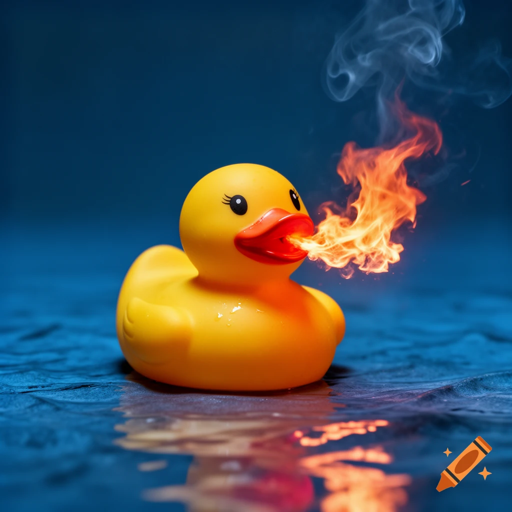A yellow rubber duck breathes a stream of orange fire and white smoke, floating on rippling blue water against a dark blue background.