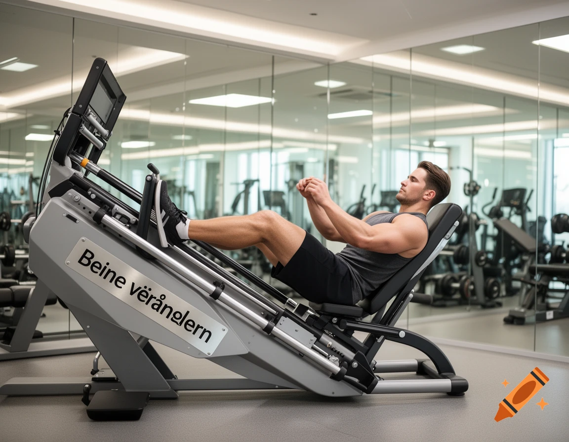 A fit man in activewear uses a leg press machine in a modern gym with mirrored walls.