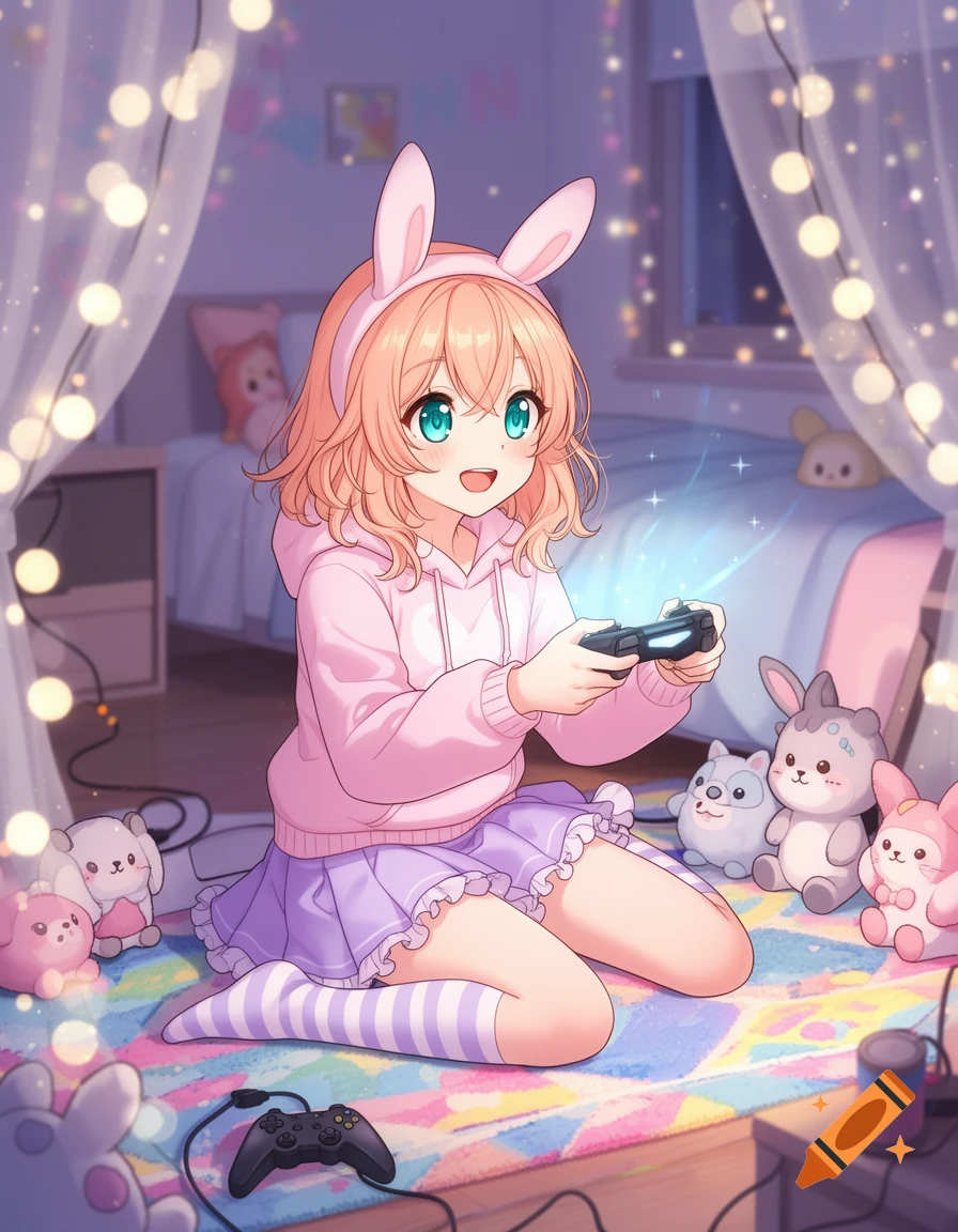 Anime girl with pink bunny ears playing video games on a colorful rug surrounded by string lights and plush toys.
