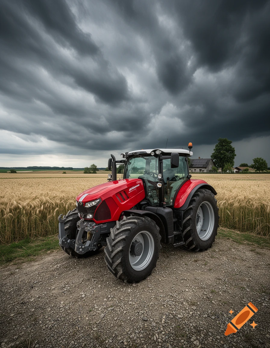 A red modern tractor sits on a gravel road next to a golden wheat field under dramatic, dark storm clouds.