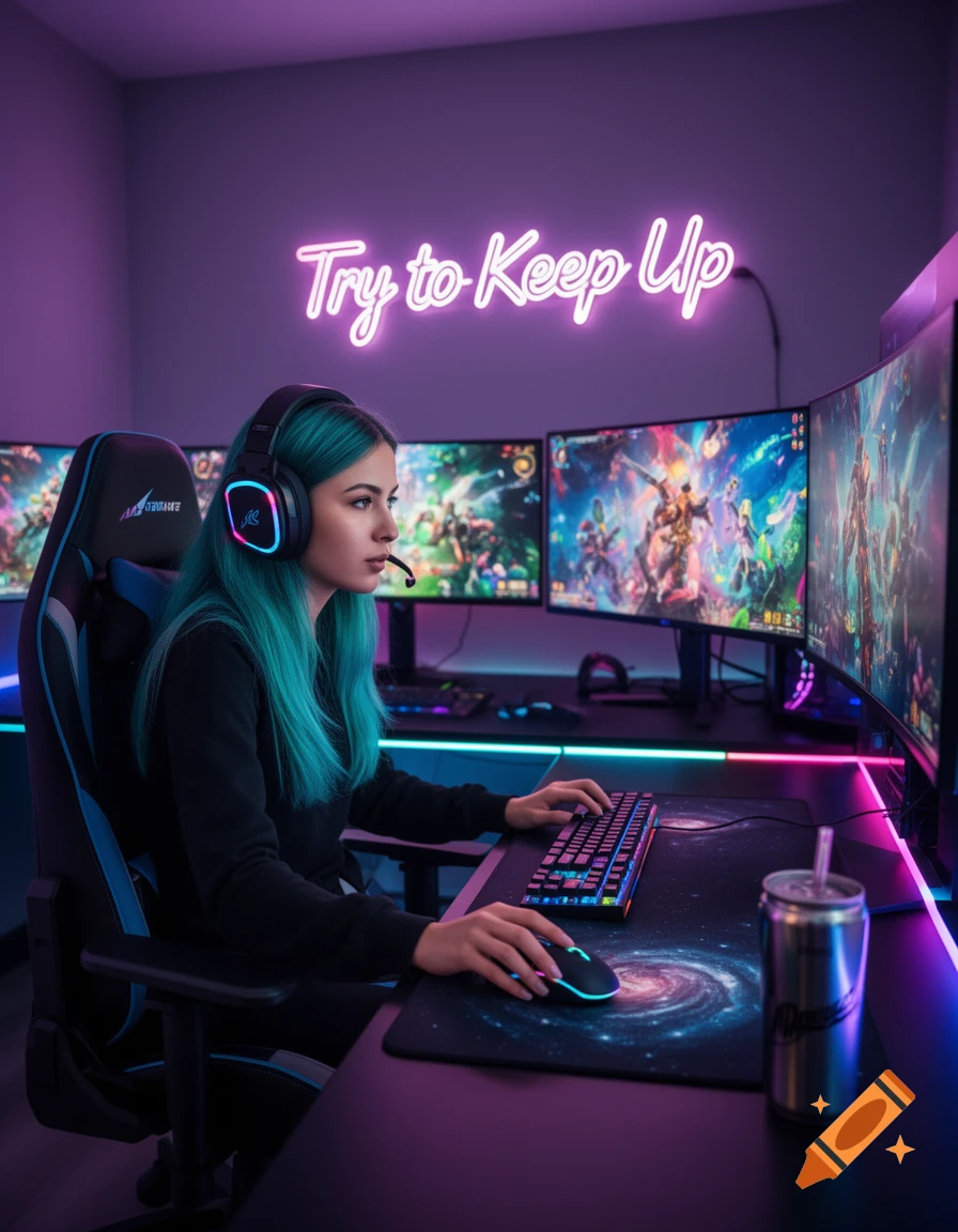 A gamer girl with teal hair plays video games at a neon-lit setup with multiple monitors and a 'Try to Keep Up' sign.
