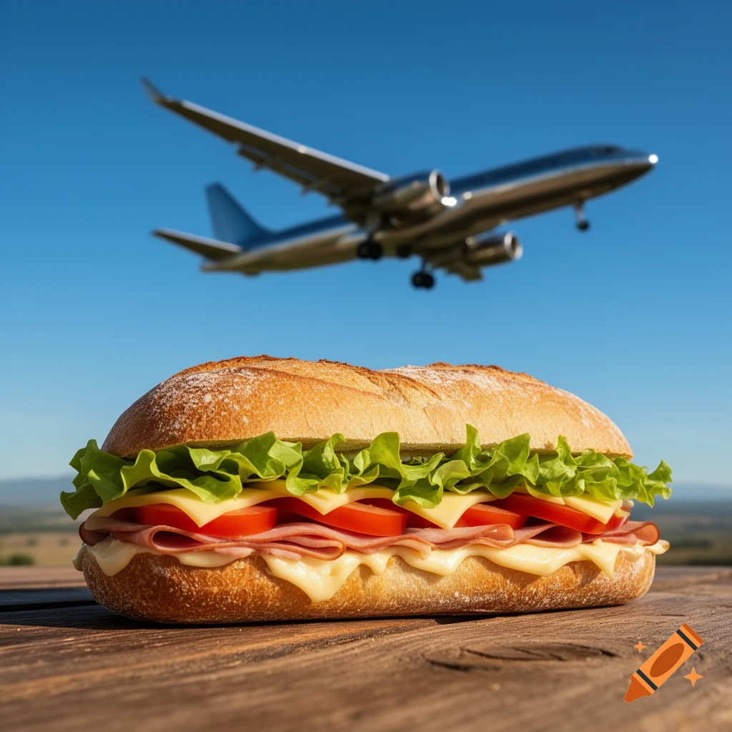 A close-up of a submarine sandwich with lettuce, cheese, ham, and tomatoes on a wooden table, with a blurred airplane flying overhead against a clear blue sky.