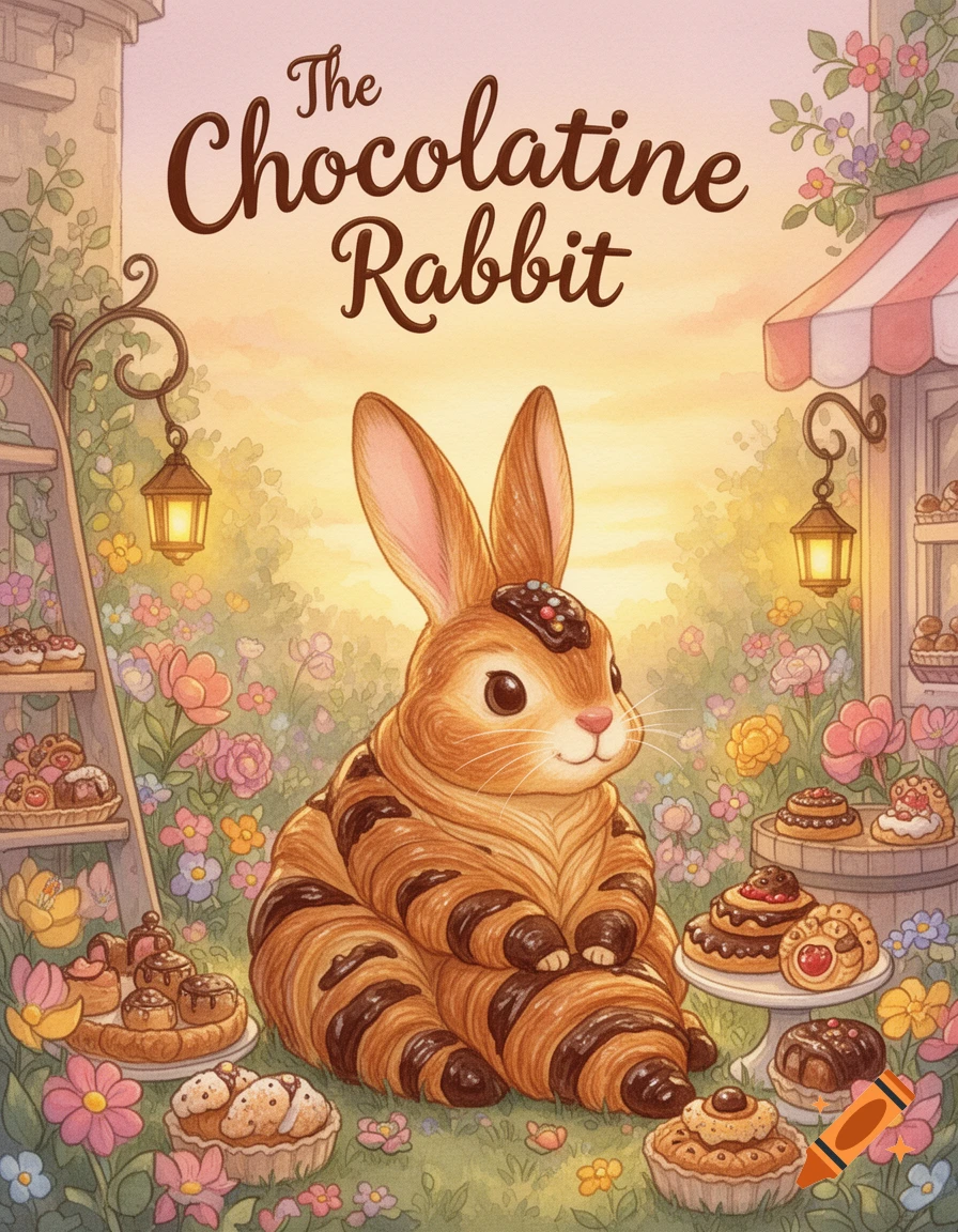 A whimsical croissant rabbit in a watercolor French bakery garden with pastries, titled 'The Chocolatine Rabbit'.