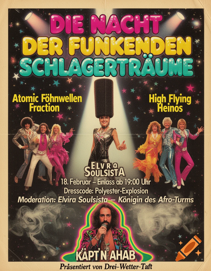 A vibrant 70s German disco poster with multiple performers in glittering outfits, bright neon text, and a vintage paper texture.