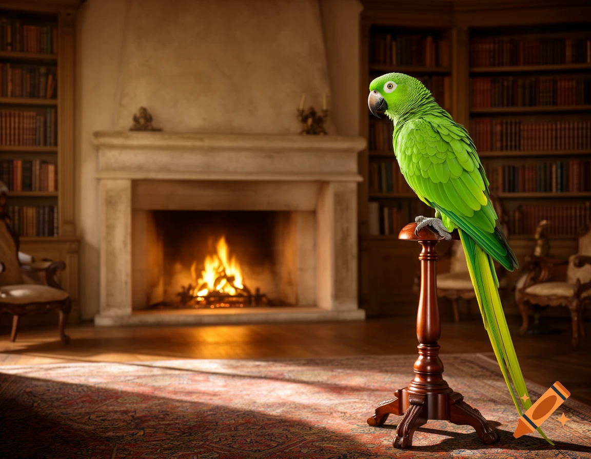 A vibrant green parrot perches on a wooden stand in a luxurious room with a lit fireplace and bookshelves.