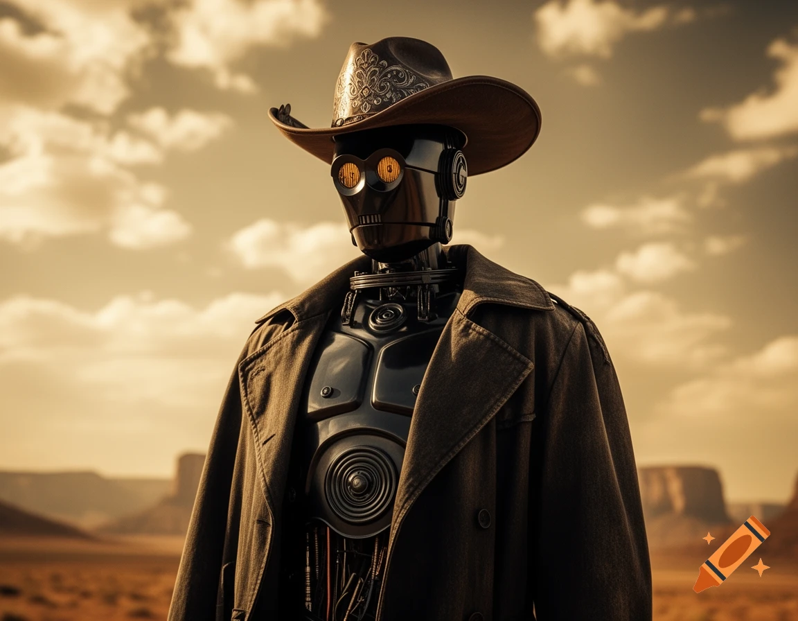 A black Star Wars protocol droid wears a metal cowboy hat and a heavy trench coat in a desert landscape.