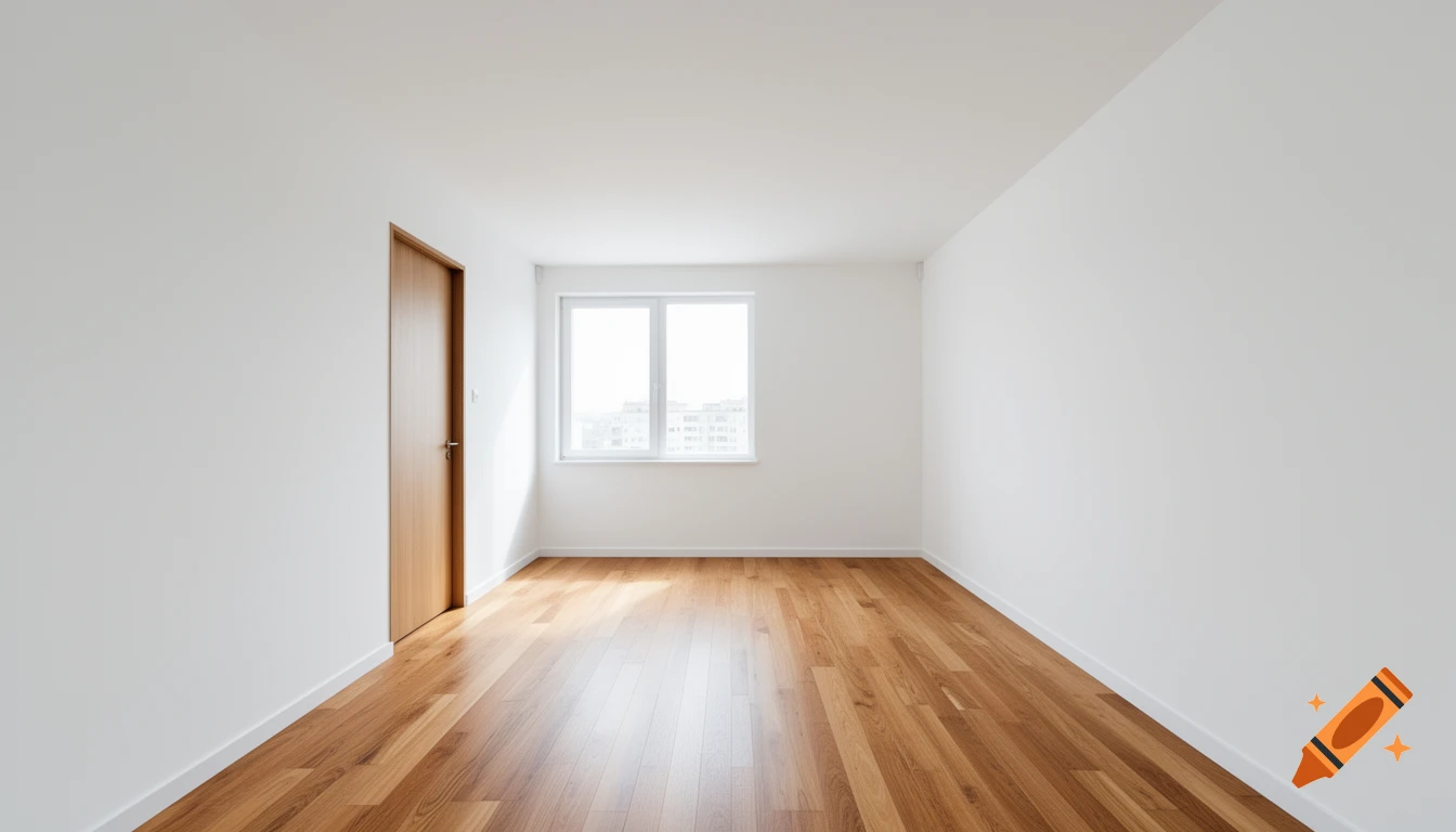 A bright, empty rectangular room with white walls, a wooden door on one side, a window on the opposite side, and light hardwood flooring.