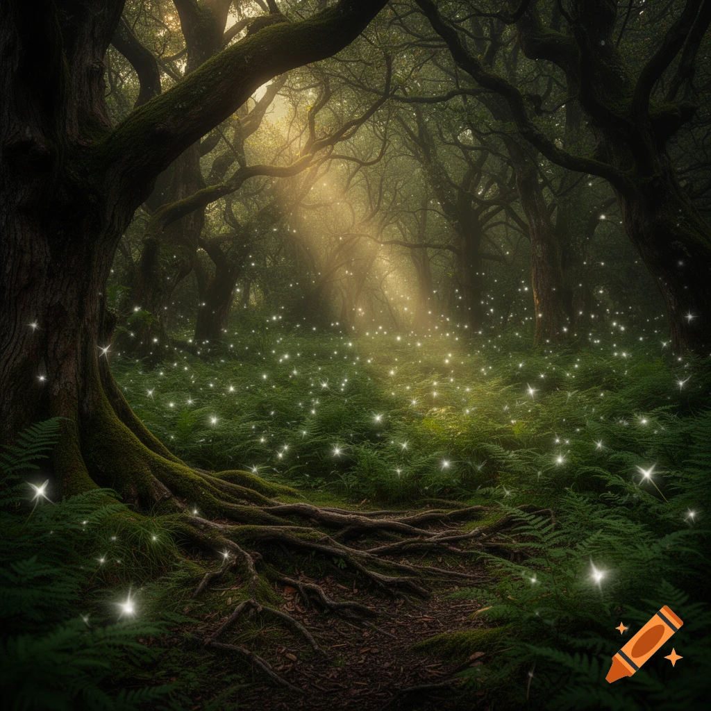 Mystical forest with sun rays filtering through trees, illuminating glowing fairy lights on mossy ground and gnarled roots. Fantasy art.