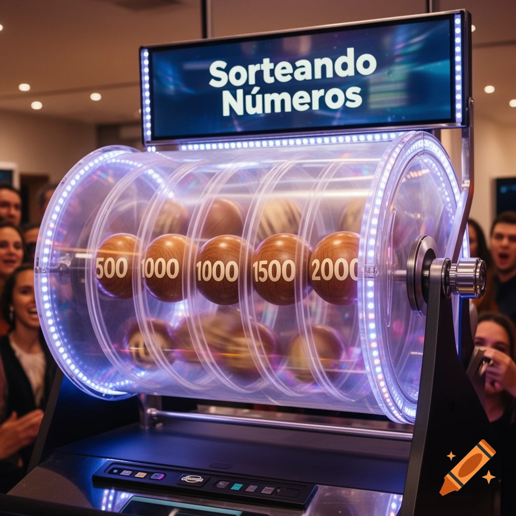 A close-up shot of a brightly lit clear lottery machine, with several wooden balls featuring numbers like 500, 1000, 1500, and 2000. Above, a screen displays 'Sorteando Números' (Drawing Numbers). People watch excitedly in the blurred background.