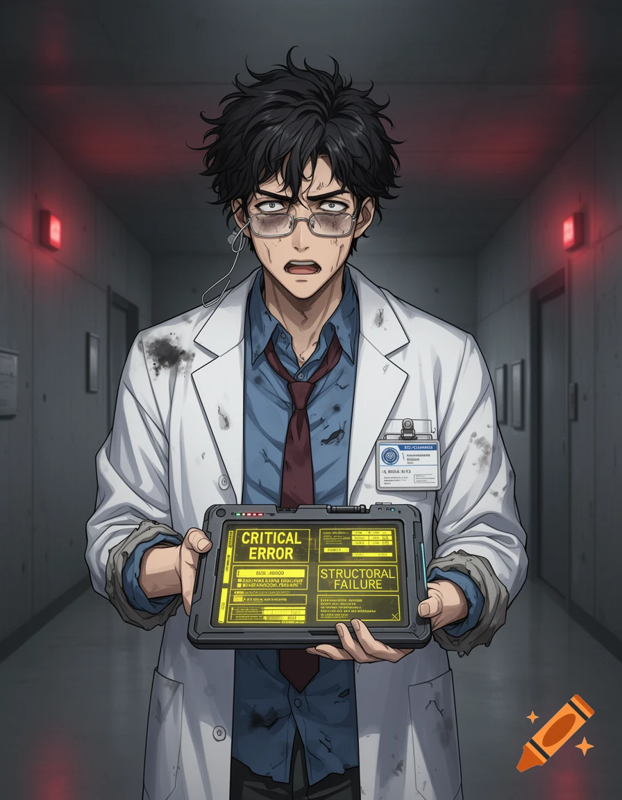 A stressed anime scientist in a dirty lab coat and glasses holds a tablet displaying "CRITICAL ERROR" and "STRUCTURAL FAILURE" in a red-lit corridor.