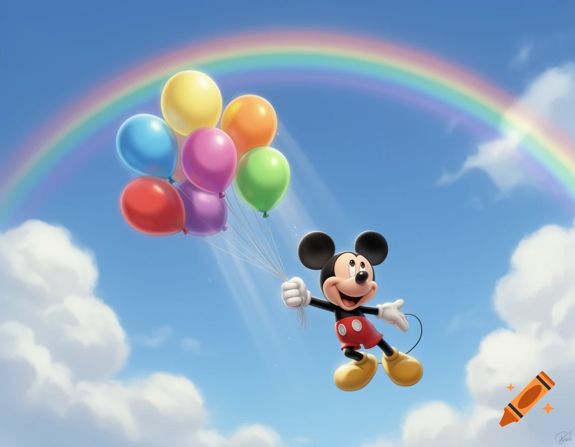 Mickey Mouse floats in a bright blue sky, holding a bunch of colorful balloons beneath a vibrant rainbow, in a cheerful cartoon style.