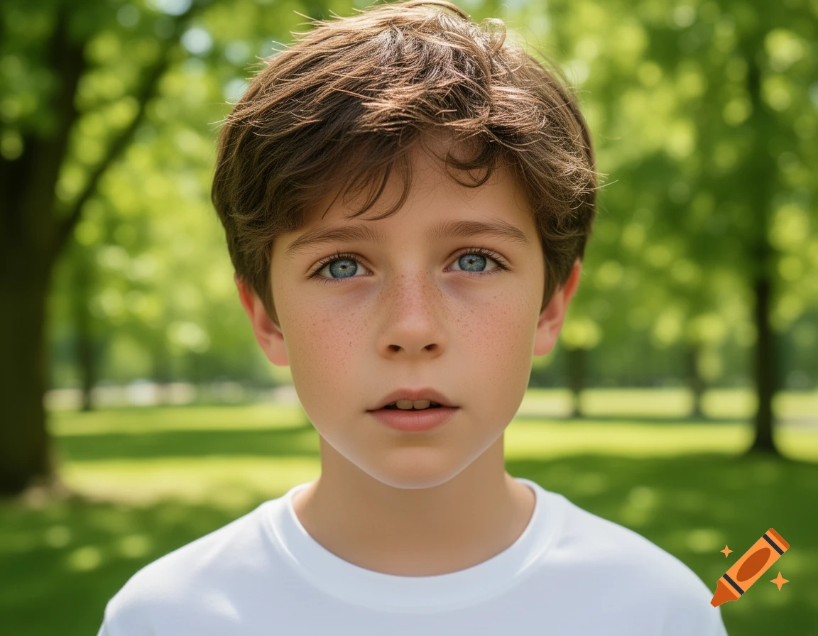 Photorealistic portrait of a young boy with blue eyes and freckles in a lush green park.