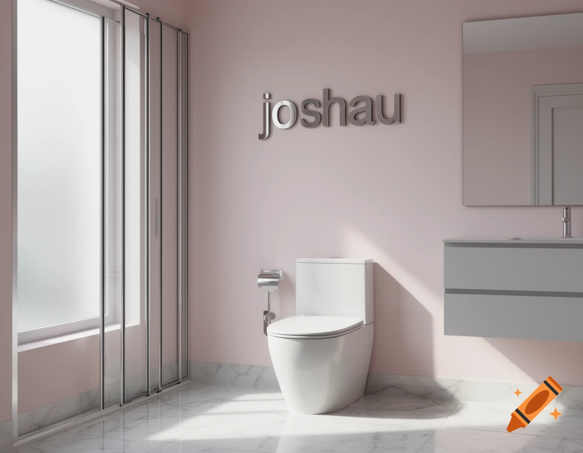 A modern bathroom with light pink walls, a white toilet, a grey vanity, a large frosted window, and 'joshau' written on the wall.
