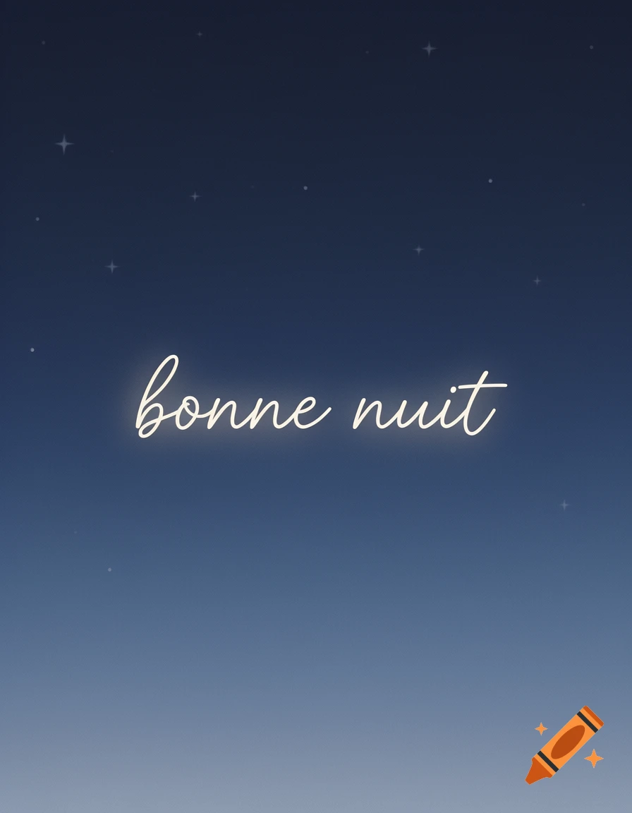Night sky with glowing white cursive text 'bonne nuit' and small stars.