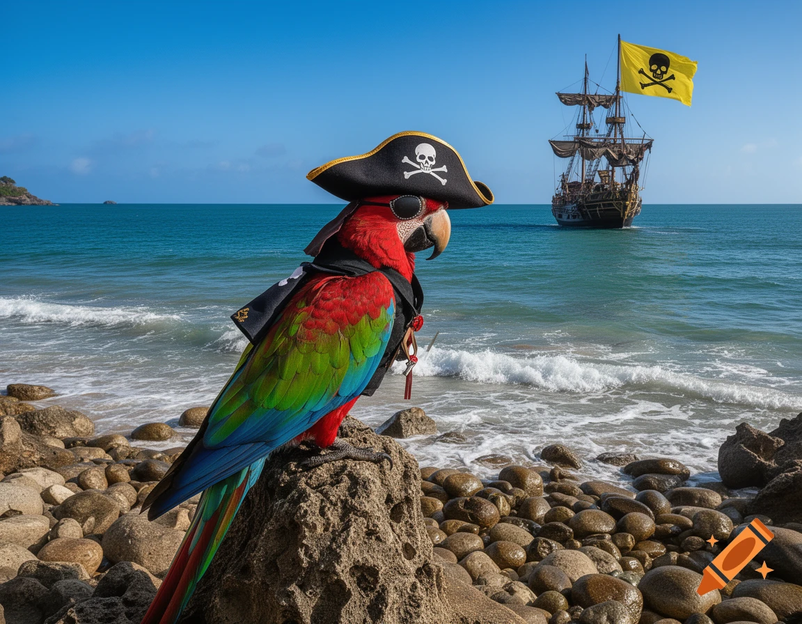 A colorful parrot dressed as a pirate stands on a rock by the sea, with a pirate ship sailing in the distance under a clear sky.