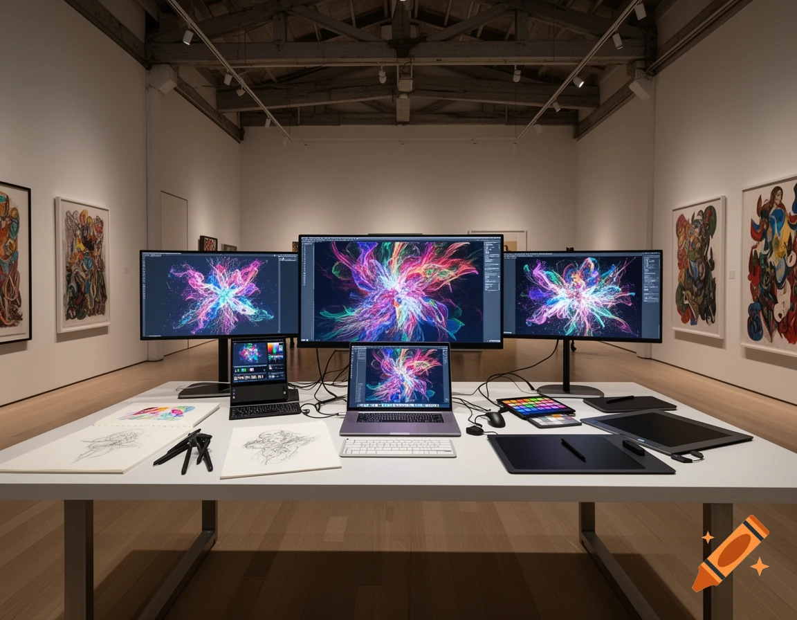 A creative workspace with multiple monitors displaying vibrant abstract digital art, alongside laptops, drawing tablets, and sketches on a white table in an art gallery.