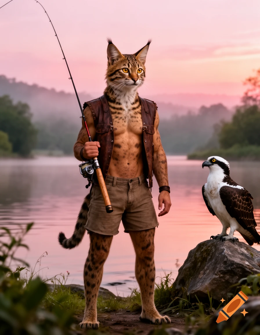 A muscular anthropomorphic lynx-like man with a fishing pole stands by a lake at sunset, an osprey perched on a rock nearby.