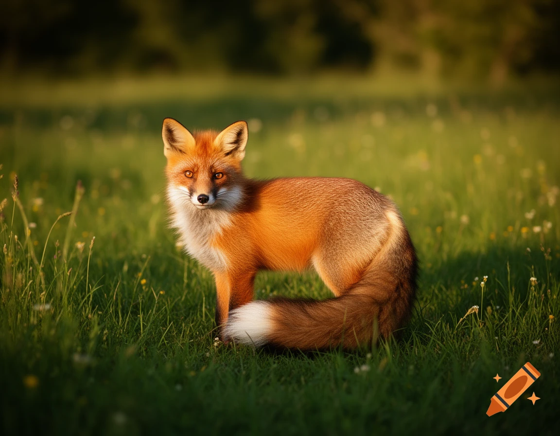 A photorealistic red fox with orange eyes stands in a lush green field under warm sunlight.