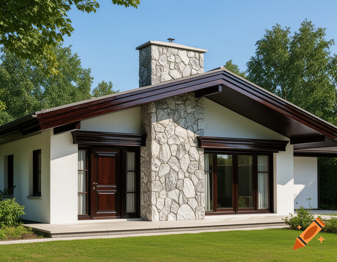 A photorealistic 1970s style house with white stucco, dark wood trim, a stone wall, and green lawn under a blue sky.