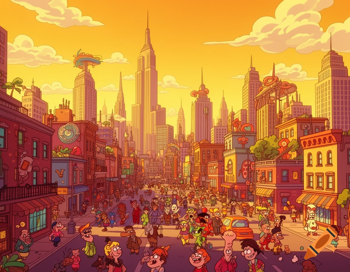 A vibrant cartoon cityscape bustling with diverse, colorful characters under a warm, orange sky.