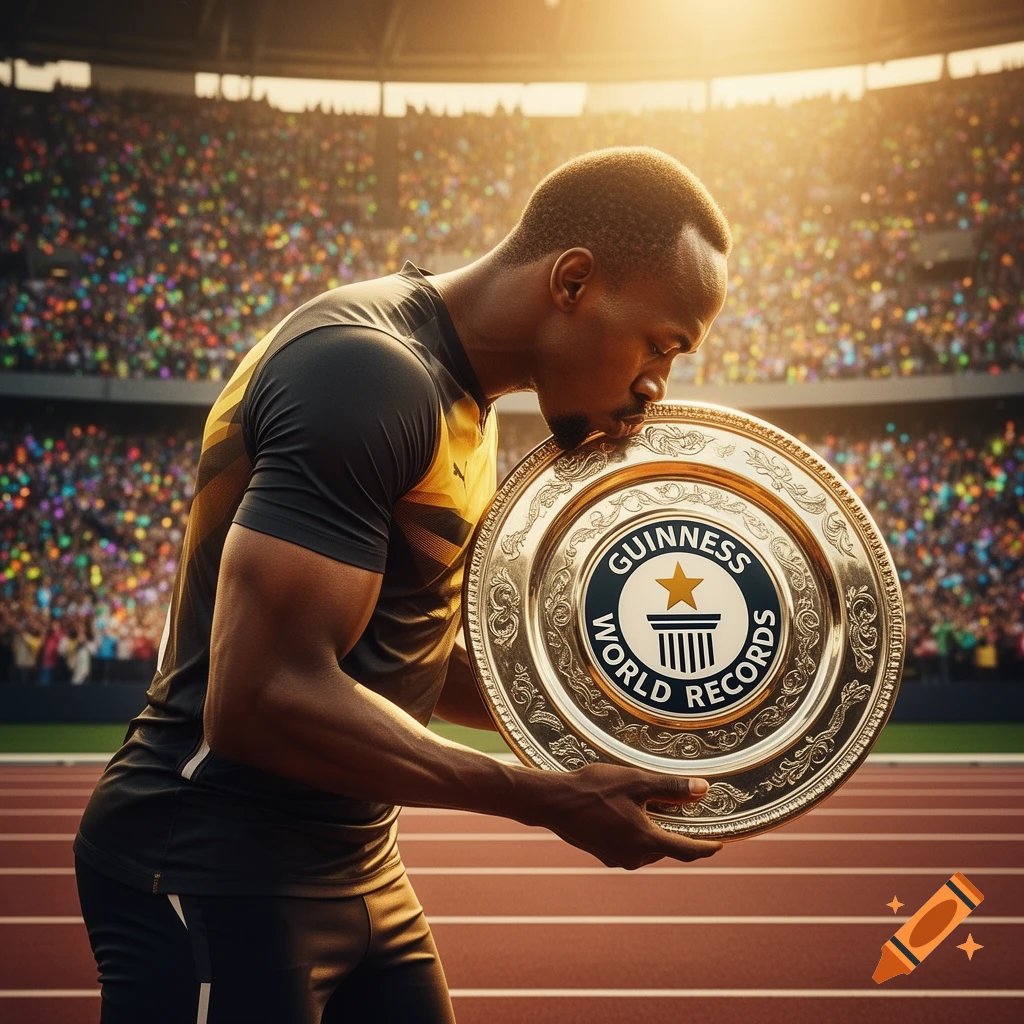 A photorealistic image of a male athlete, resembling Usain Bolt, kissing a large gold "Guinness World Records" plaque on a running track in a sunlit stadium.