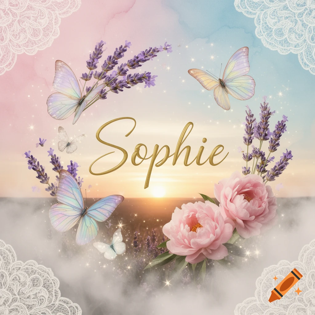 Golden "Sophie" script framed by pastel butterflies, purple lavender, and pink peonies against a dreamy pink and blue sunset sky.