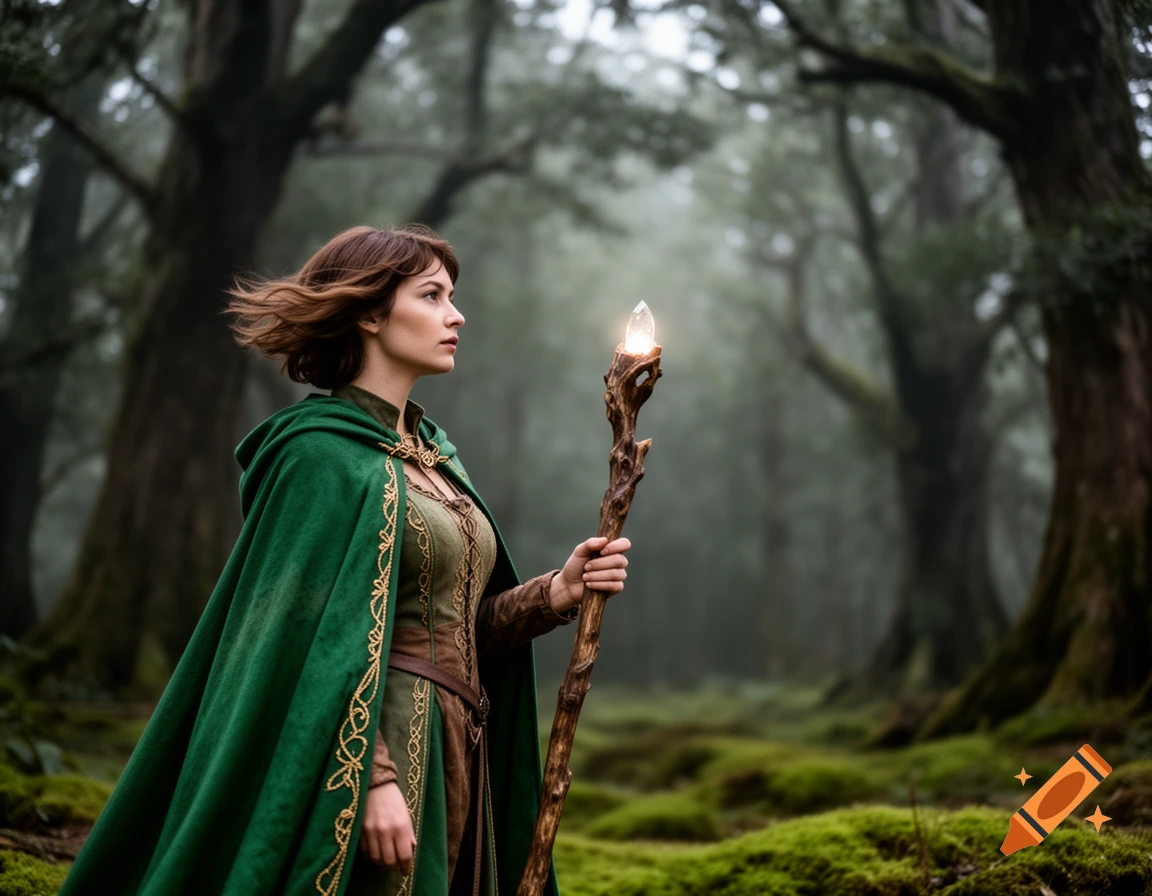 A woman in a green cloak holds a glowing staff in a misty, mossy forest ...