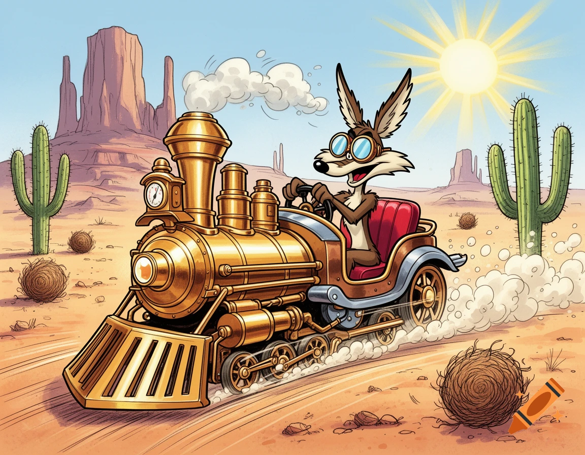 Wile E. Coyote drives a golden steam engine convertible through a sunny desert with cacti and mesas, cartoon style.