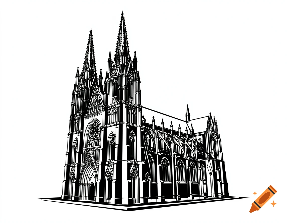 A black and white vector line drawing of a gothic cathedral church with two prominent spires, seen from a slightly angled perspective.
