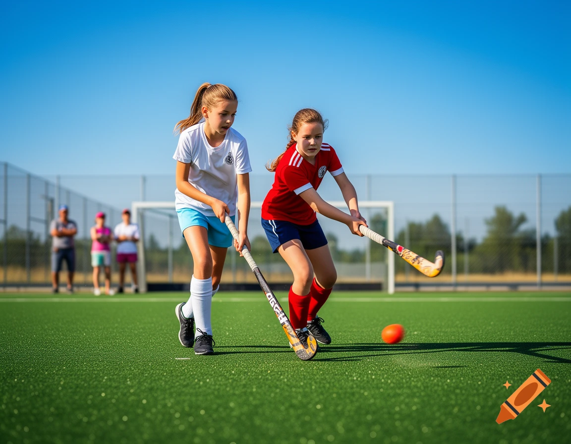 Two young girls play field hockey on a green turf field under a clear blue sky, one dribbling an orange ball.