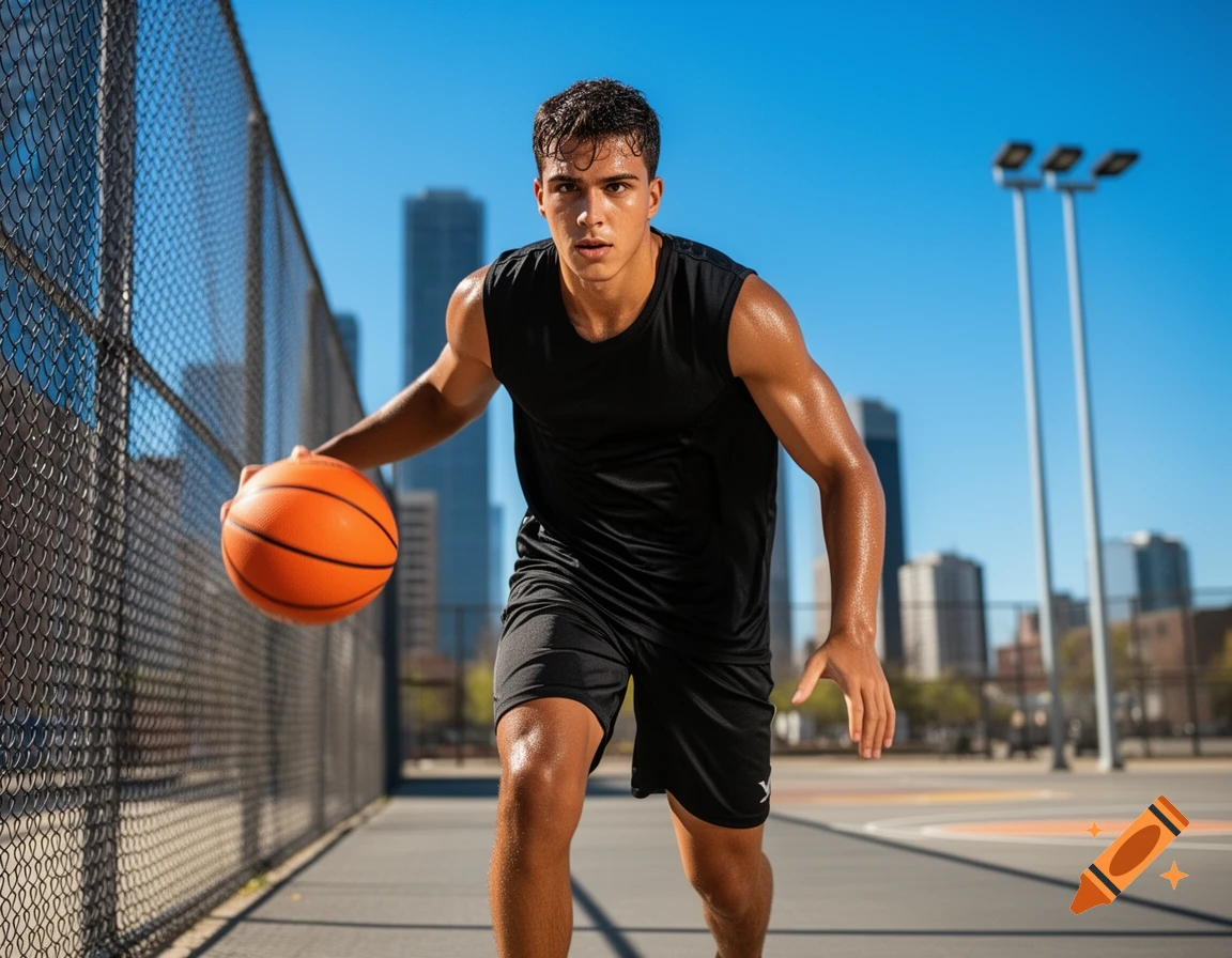 A man in black athletic wear dribbles a basketball on an outdoor court with a chain-link fence and city skyline in the background under a clear blue sky.