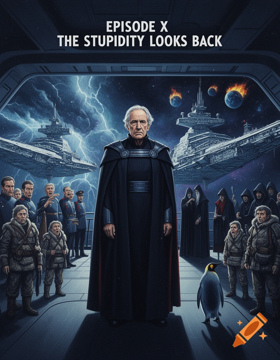 A dramatic sci-fi movie poster featuring an elderly man in dark robes on a spaceship bridge, flanked by figures and a penguin, with starships and burning planets in space. Title: Episode X The Stupidity Looks Back.